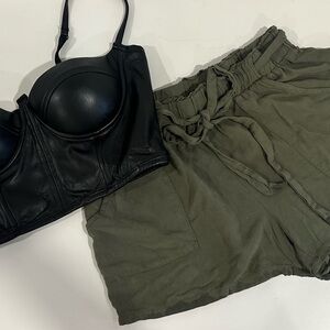 BUNDLE: Olive Green Women's Shorts and Black Fake Leather Top